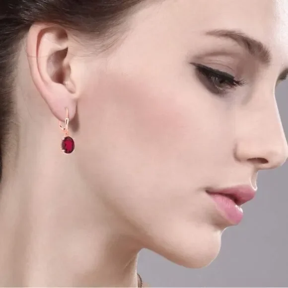 18K Rose Gold 925 with 3.60 Cttw Ruby Red Mystic Quartz Oval Leverback Earrings